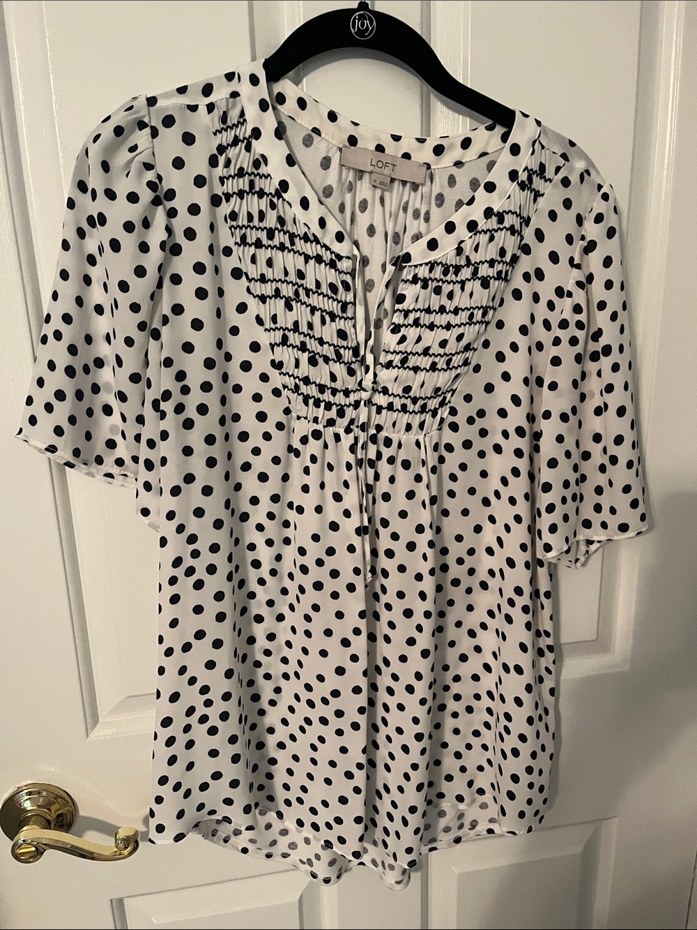 LOFT Navy Polka Dot Smocked Front Blouse on White